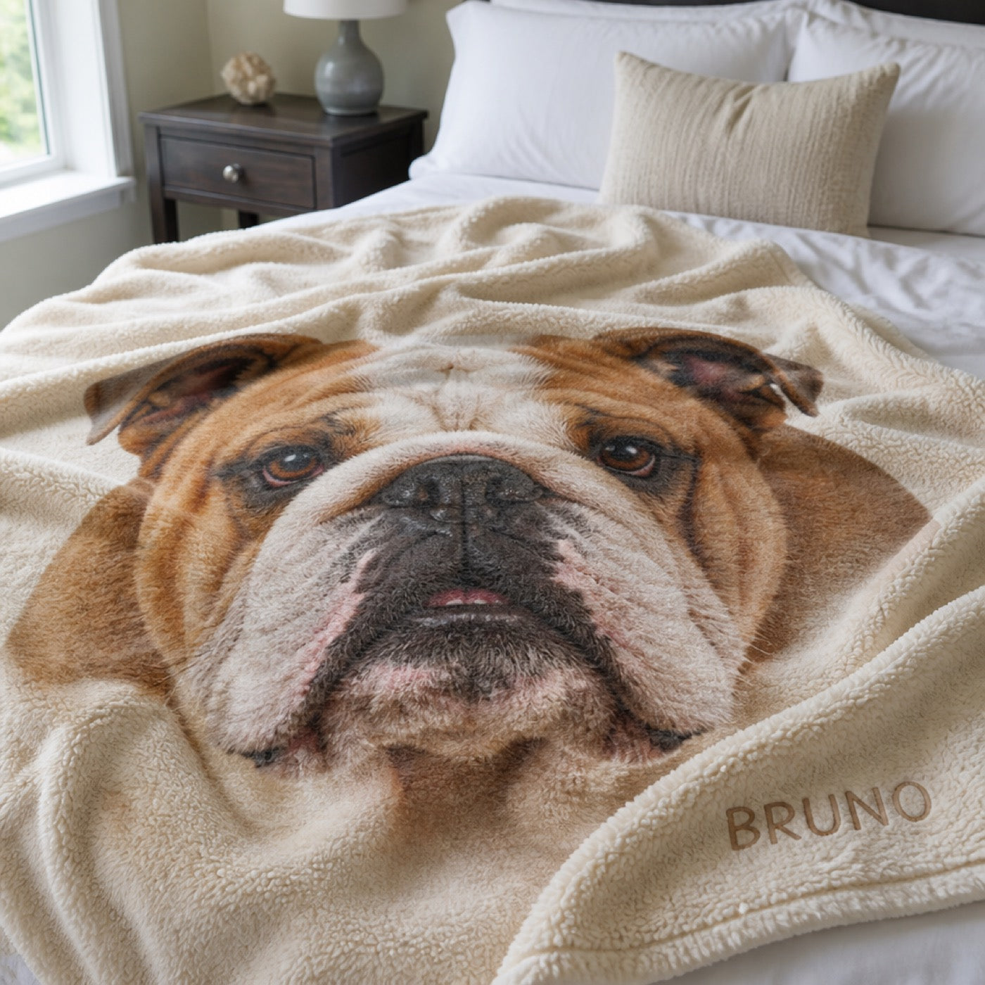 English bulldog blanket on the bed